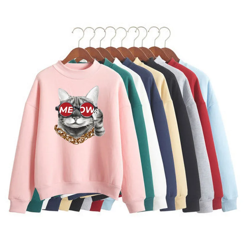 

Cartoon Cat Meow Print Women Sweatshirt Sweet Korean O-neck Knitted Pullover Thick Autumn Winter Candy Color Lady Clothing