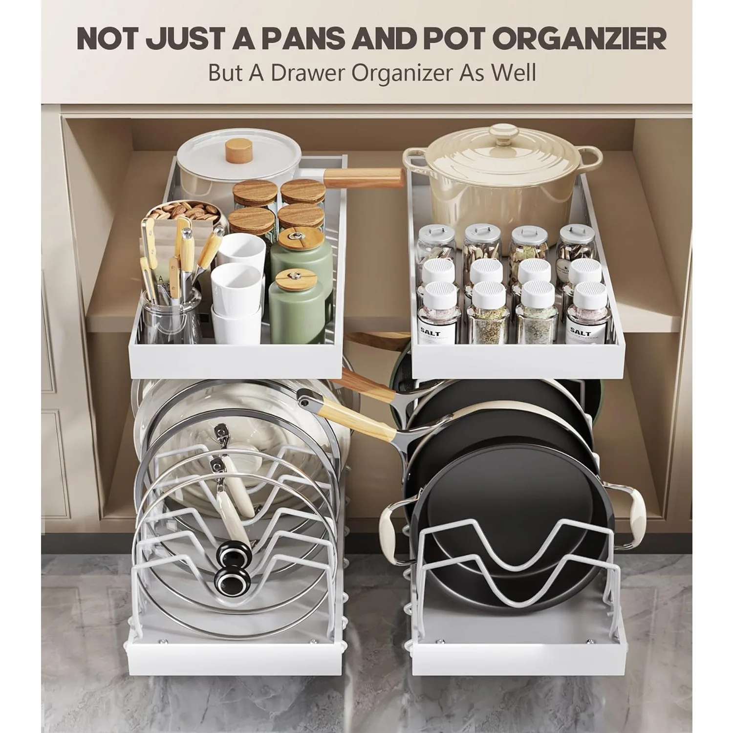 Pull Out Pots and Pans Organizer Under Cabinet, Sliding Lid Holder and Pan Rack in Kitchen, Slide Out inside Cabinet Storage