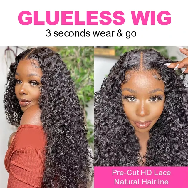 Water Wave Glueless Wig Pre-Cut HD Lace Wig 180% Pre-Plucked Natural Wave Glueless Curly Human Hair Wigs For Women 2