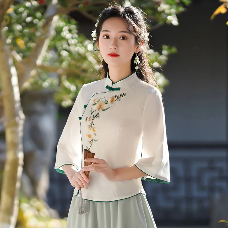 Fashion Women's Plus Size Hanfu Tops Spring Cotton Blend Embroidery Chinese Style Retro Qipao Girls
