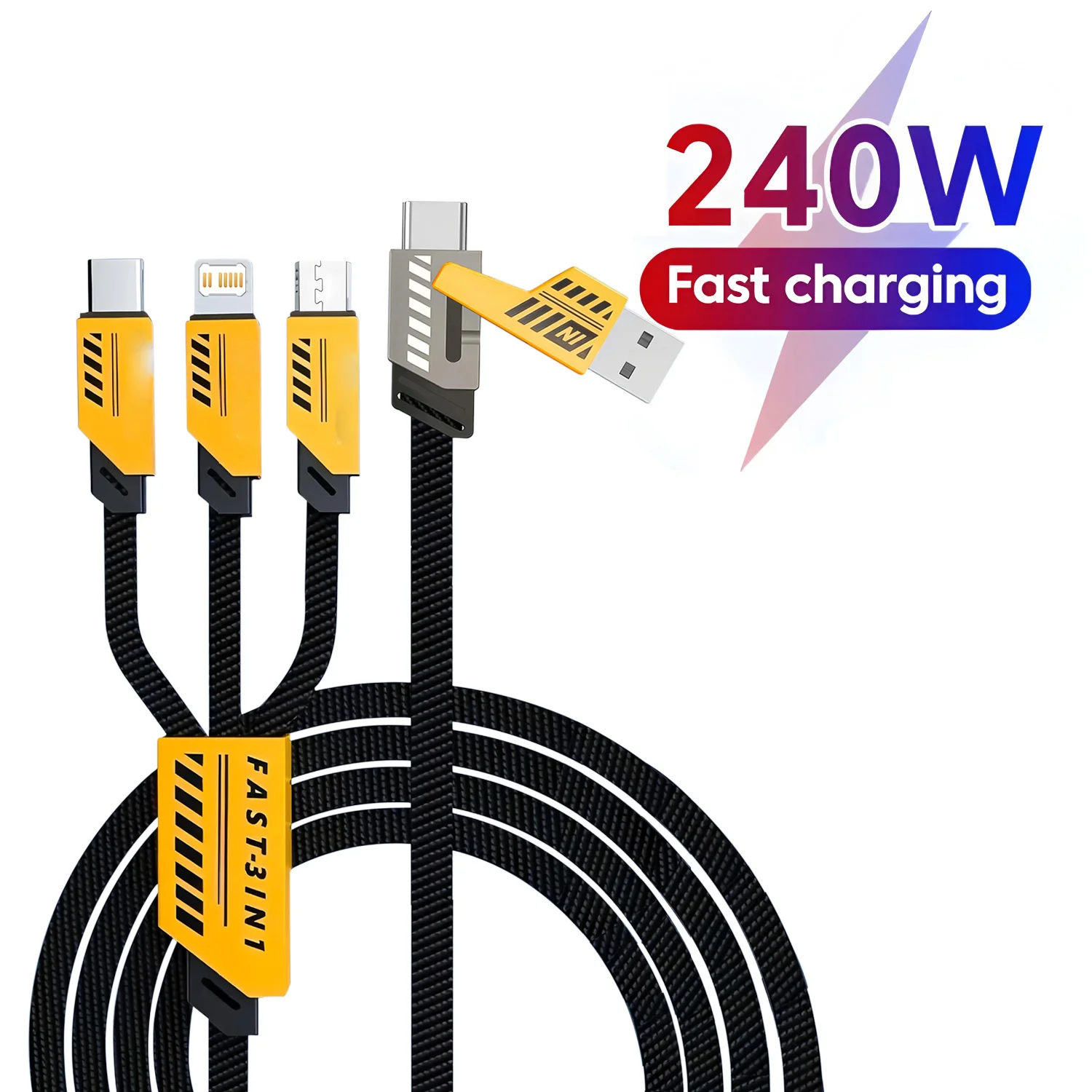 Câble de charge rapide 3 en 2 240W pour Micro USB Type C, câble de chargeur 1,2m, multi-ports USB, câble de charge multi-USB pour iPhone Huawei