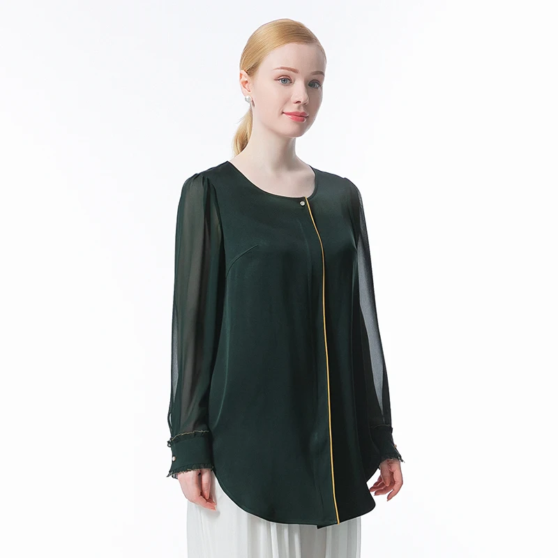 

Silk Double-sided Satin 40m/m Green Round Neck Shirt with Long Sleeves and One Button Bump Splicing T-shirt Women BE687