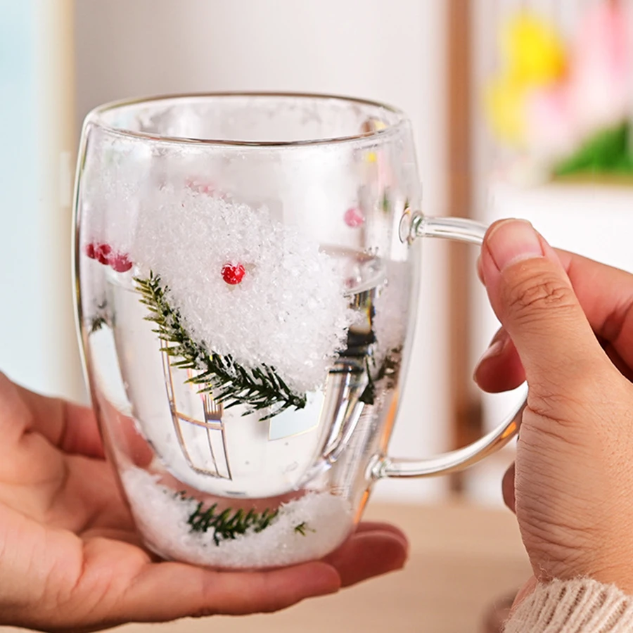 Tazza Natalizia In Vetro A Doppia Parete 300ml | Albero Di Natale Con Coperchio E Decorazioni