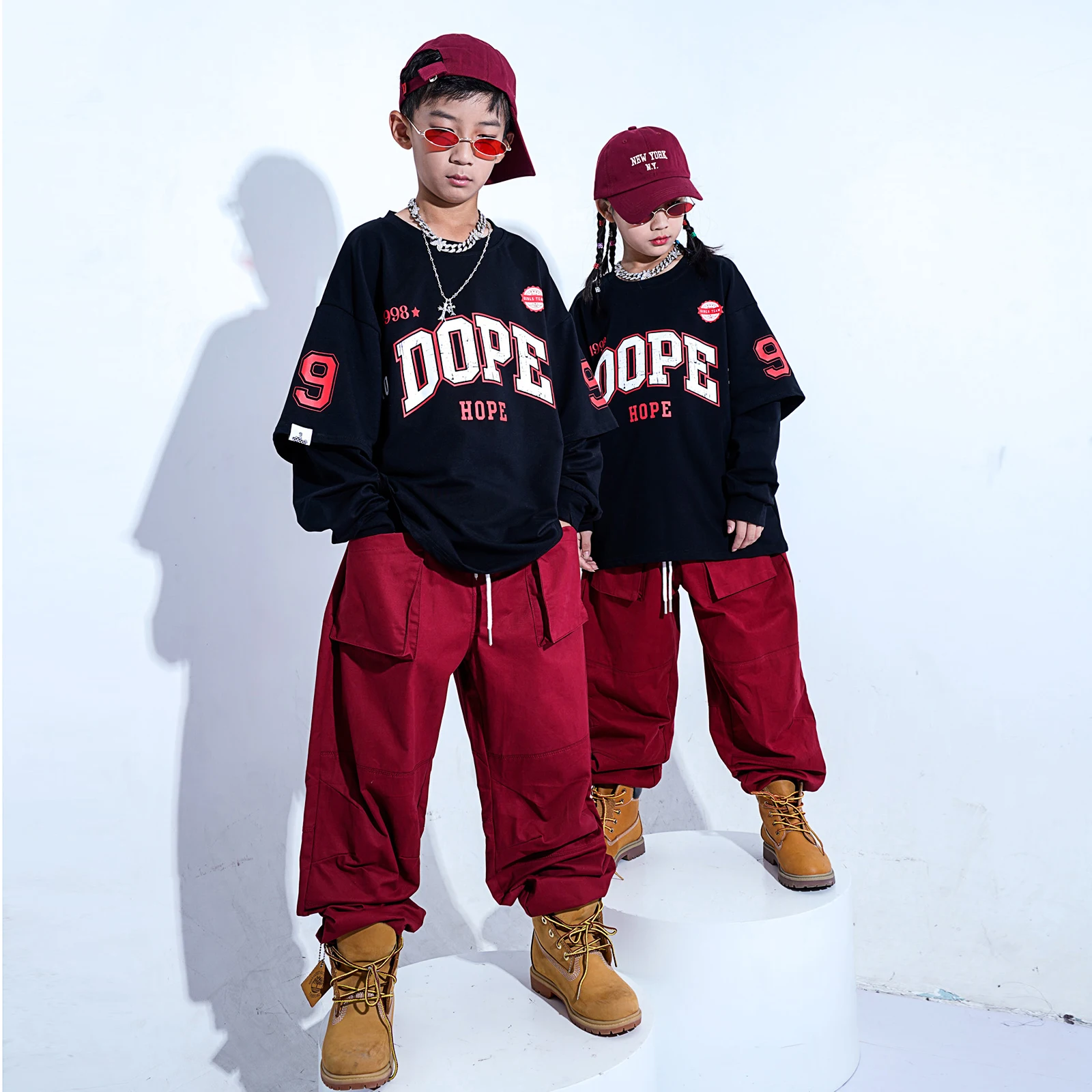 Jazz Dance Rave Clothes Boys Black Fake Two Piece Sweater Loose Pants Streetwear Girls Hip Hop Dance Streetwear DQS11031