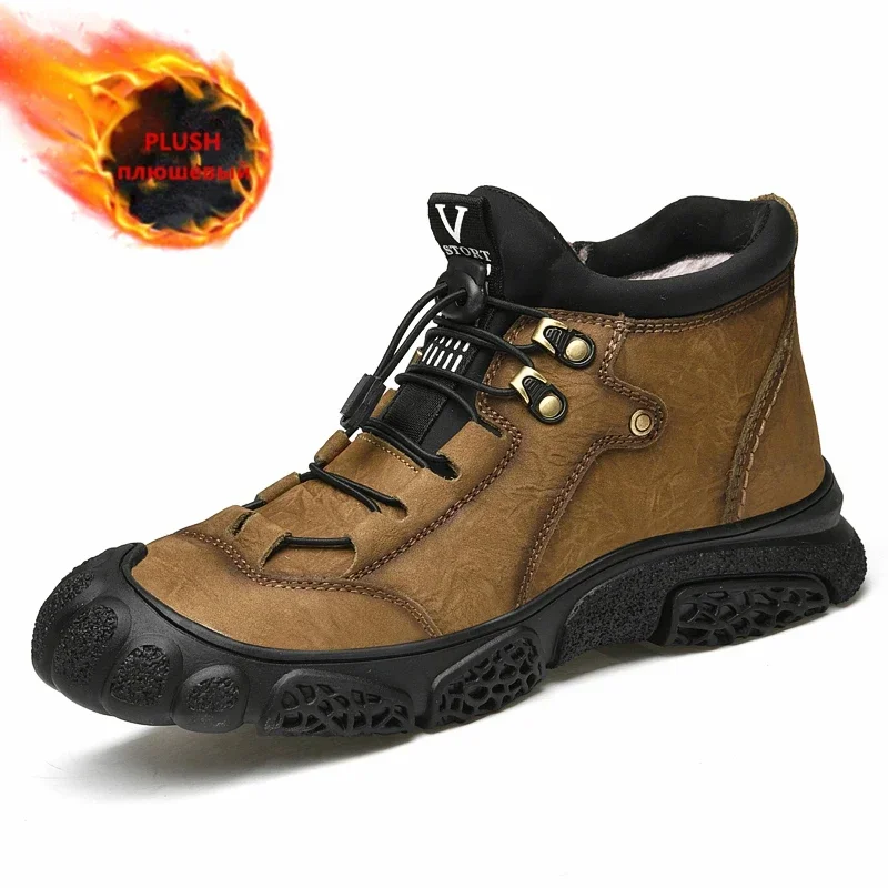 

Мужские зимние ботинки из натуральной кожи, водонепроницаемые плюшевые теплые ботильоны, уличная нескользящая обувь для пешего туризма, всесезонные ботинки