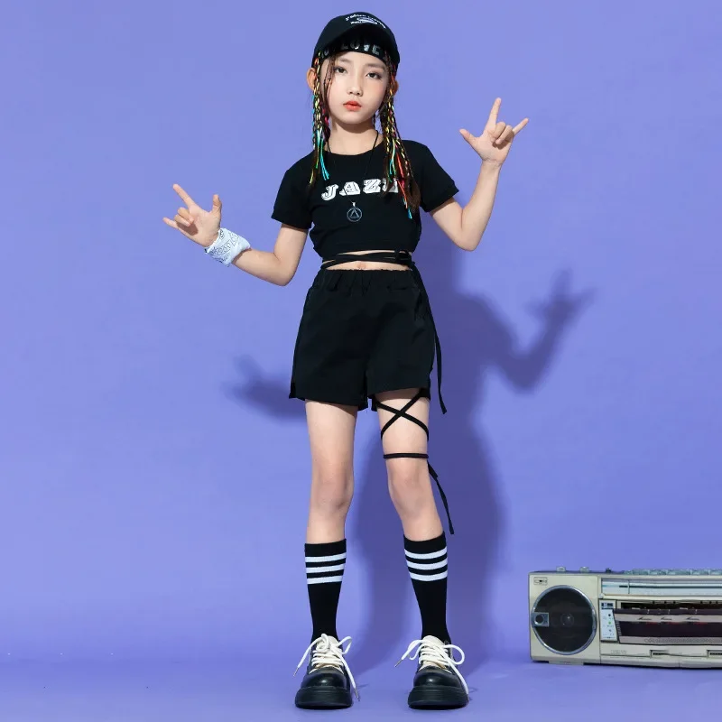 

Summer Girls Hip Hop Jazz Clothes Sets Short Sleeve Letter Crop Top + Shorts Teen Street Dance Costumes Kids Performance Suits