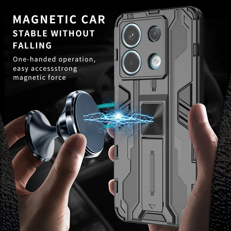 Rugged Armor Shockproof Case with Magnet Holder Stand for Xiaomi Redmi Note 13 Series