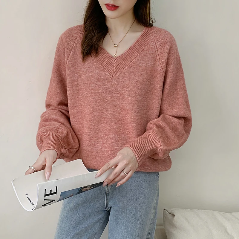

Women's Sweater spring autumn casual Loose knitted Sweaters Outer Wear korean solid V-neck puff Sleeve pullover Women Clothing