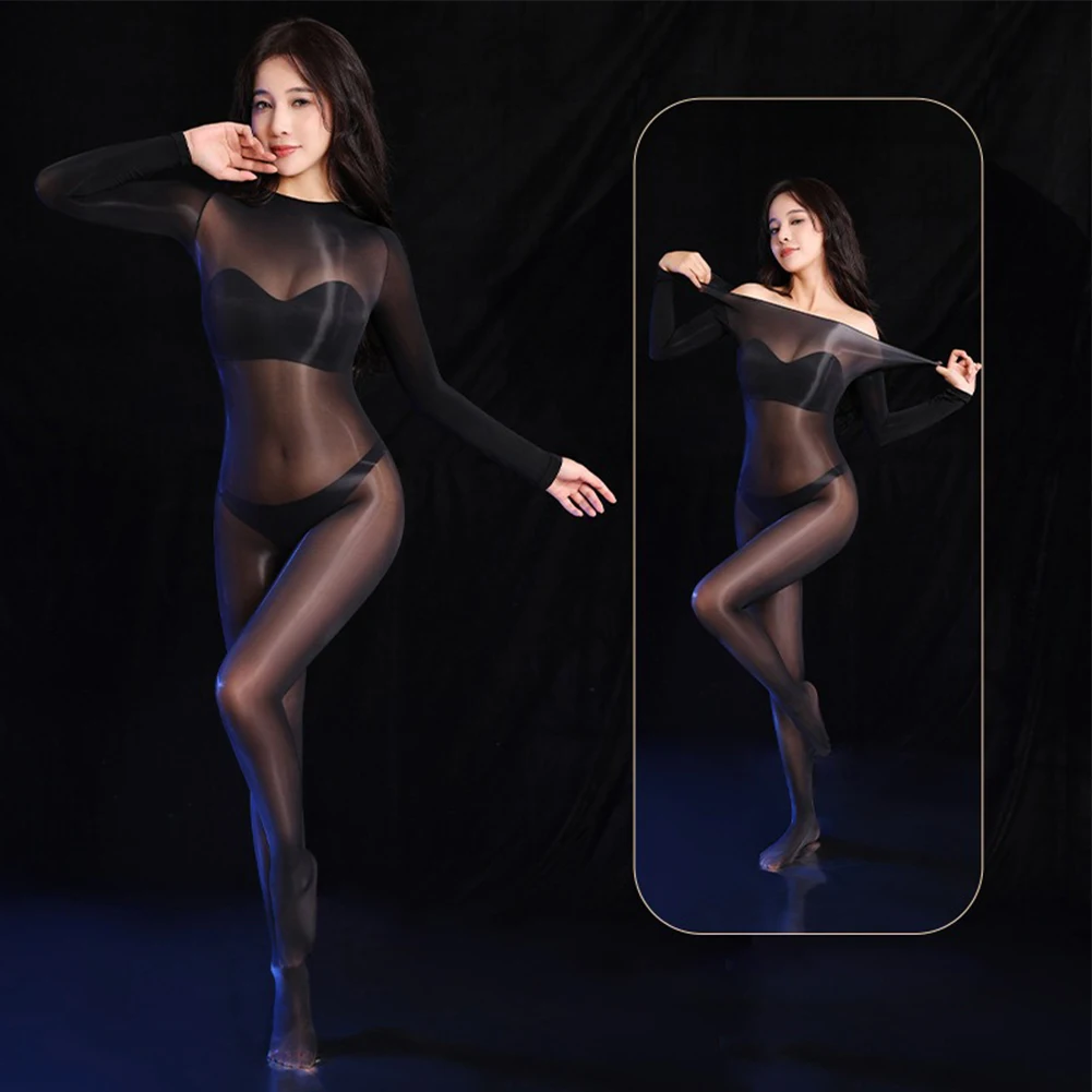 Men Oil Shiny Sheer Perspective Tights Super Elastic Jumpsuit Long Sleeved Full Body Stockings Open Sheath Seductive Bodysuit