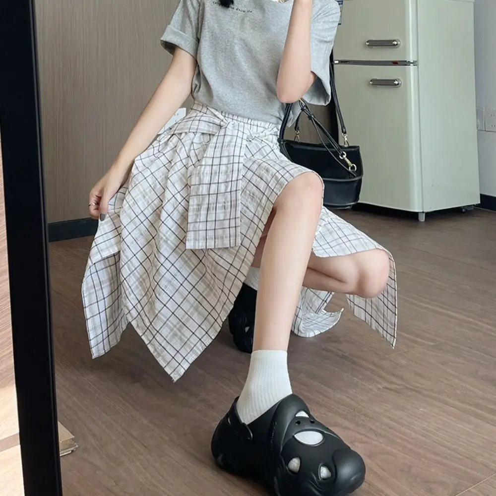 Description Picture 5 of itemSweet Irregular Plaid Shirts Skirt Lace-up A-line Fake Two-piece Skirts Spicy Girl Style High Waist Plaid Shorts Skirt Summer