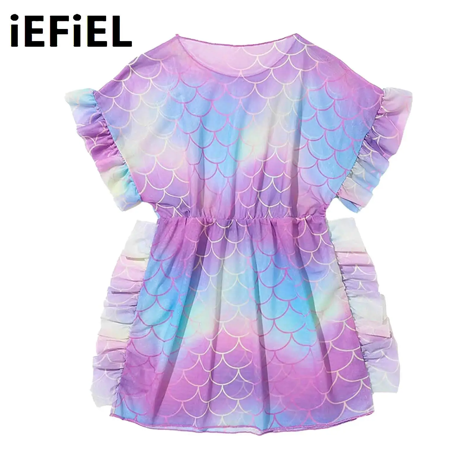Casual Mesh Swim Dress for Kids Girl Ruffle Swimsuit Cover Up One-piece Dress Batwing Sleeve Waisted Cover Up