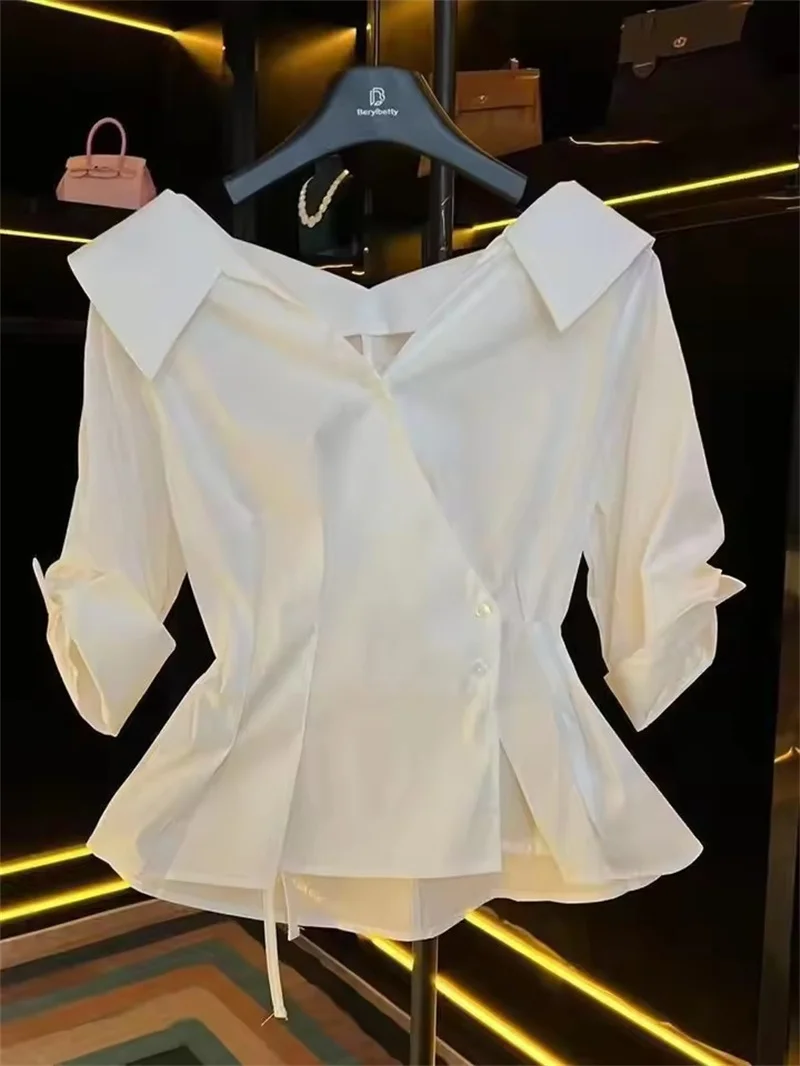 Elegant Short Sleeve V-Neck Shirt Women's Slim Blouse 2025 New Korean Commute High Waist Side Buckle Tops Female 2