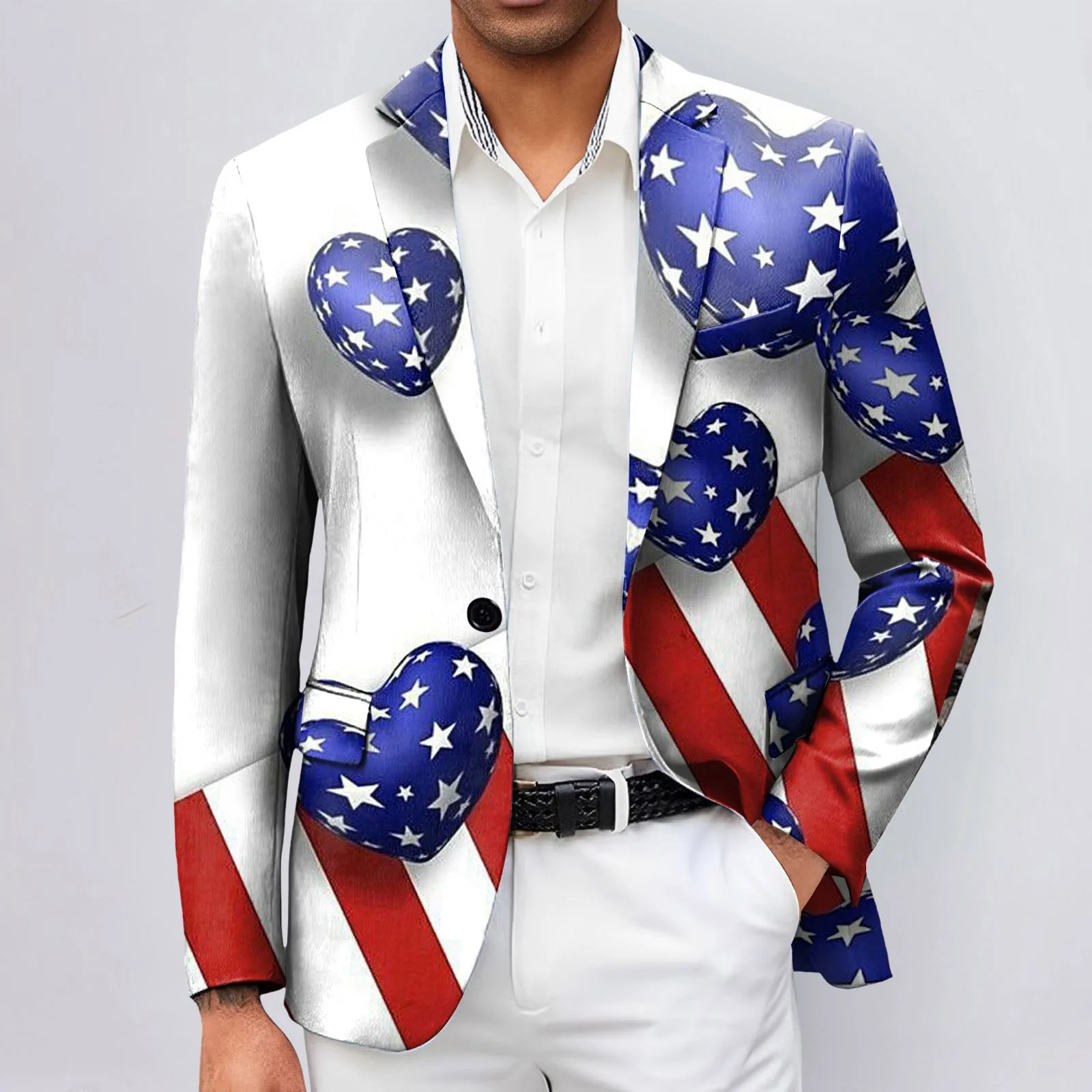 Mens Independence Day 3d Digital Printed Suit Jacket Light Business Suit Jacket Lapel Long Sleeve Silm Fit Fashion Blazer