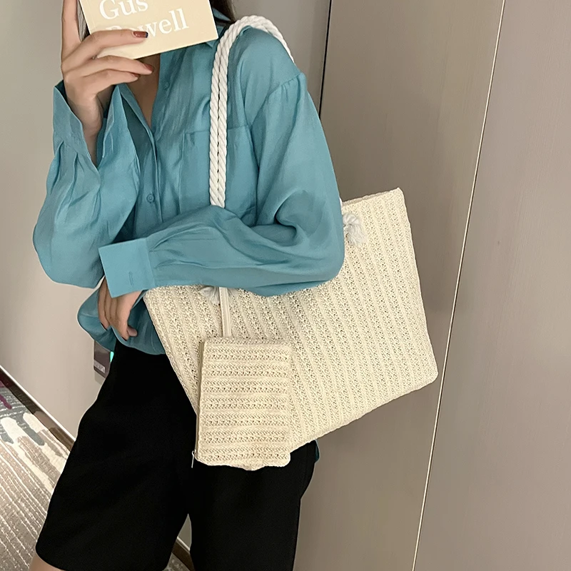 Summer Straw Bags For Women Weaving Totes Ladies Handbags Designer Travel Large Capacity Beach Shoulder Bag With Mini Purse