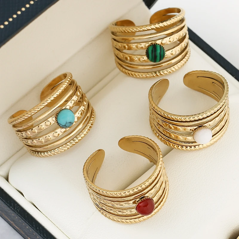 Turquoise Zircon Natural Stone Opening Rings for Women Boho Gold Plated Stainless Steel Finger Rings Jewelry Gifts Wholesale