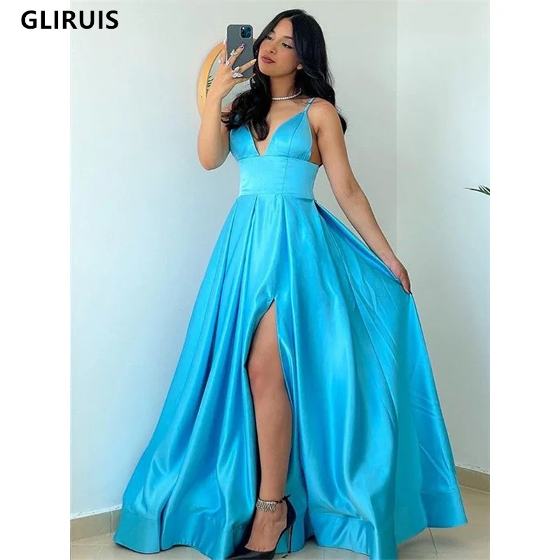 

Modern Bright Blue A-Line Evening Dress Sash High Split Sexy Spaghetti Straps Soft Satin Prom Dresses Long Party Gown Plus Size