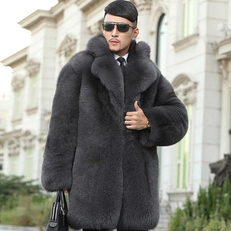 Luxury Brand Thick Warm Faux Fur Coat Men Long Sleeve Mid-length Fur Coat Business Fashion Snowwear