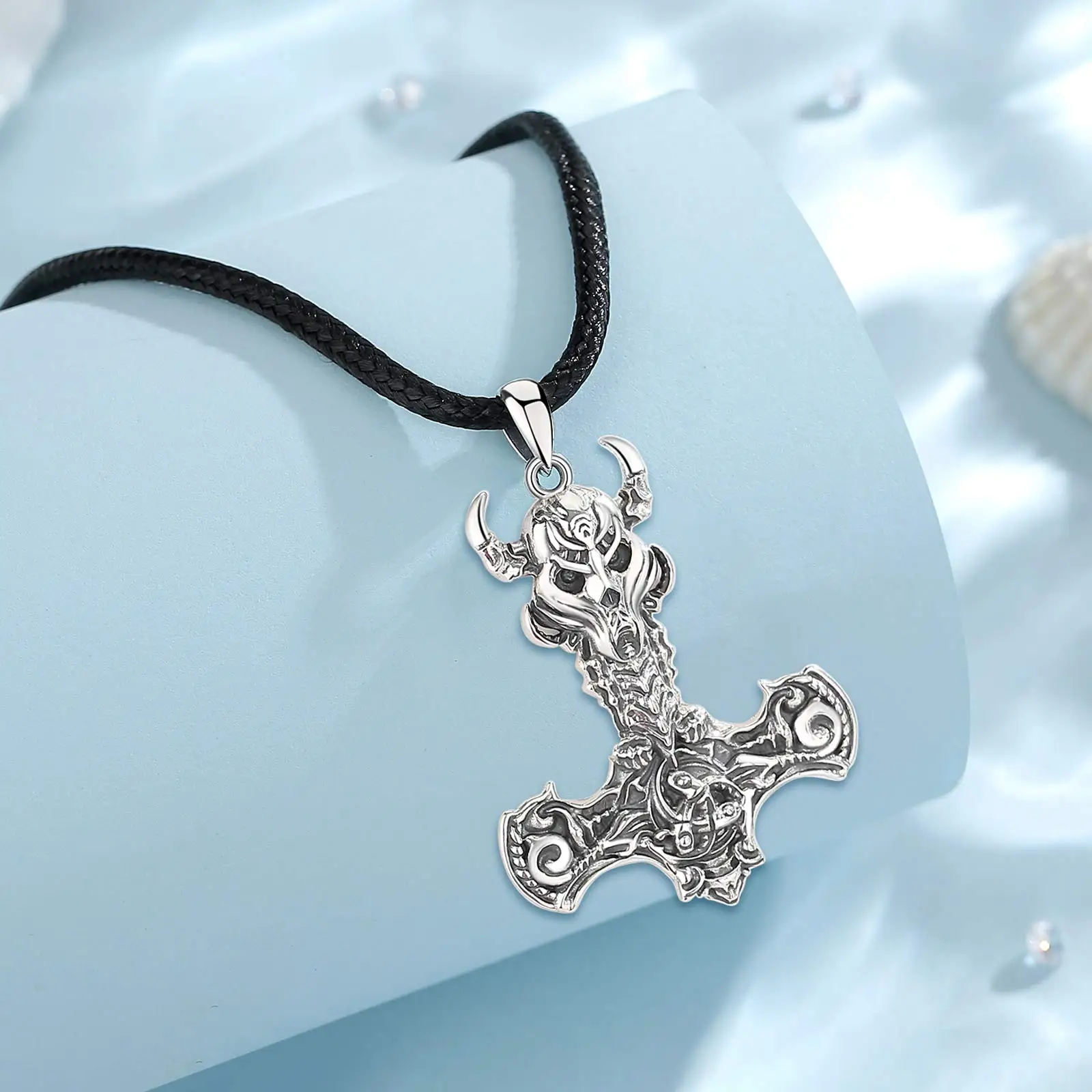 Eudora 925 Sterling Silver Norse Viking Thor's Hammer skull Rune
