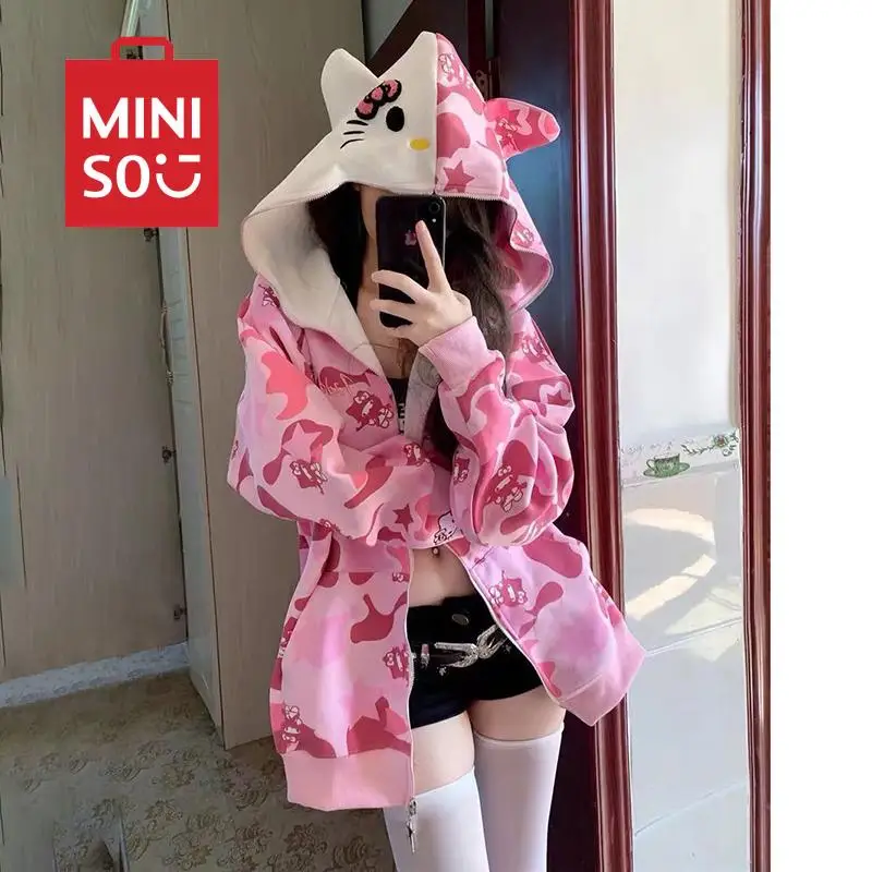 헬로 키티 Y2K 재킷 지퍼 가디건, 카와이 산리오 미니소, 귀여운 애니메이션 위장 패션, 용수철 롱 재킷, 소녀 선물