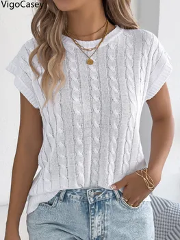 VigoCasey 2026 Summer Lady Loose Knit Top Women O Neck Short Sleeve T-shirt Female White Casual Pullover Tops Clothes 1