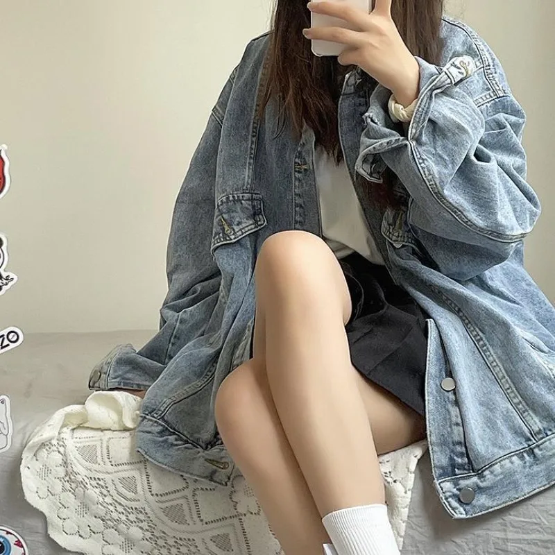 

2023 New Spring Autumn Coat Woman Clothing Student Denim Overcoat Short Tall Retro Loose Casual Versatile Jean Jacket