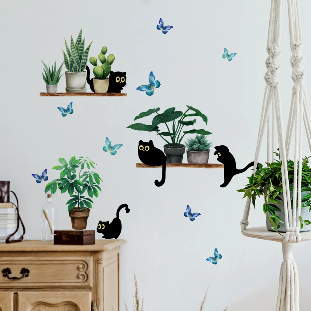 Green Plant Potted Black Cat Wall Sticker Living Room Background Decor Kitchen Home Decoration Wallpaper Self-adhesive Decals self adhesive wallpaper self adhesive stickers wall stickers adhesive wallpaper kitchen wall sticker