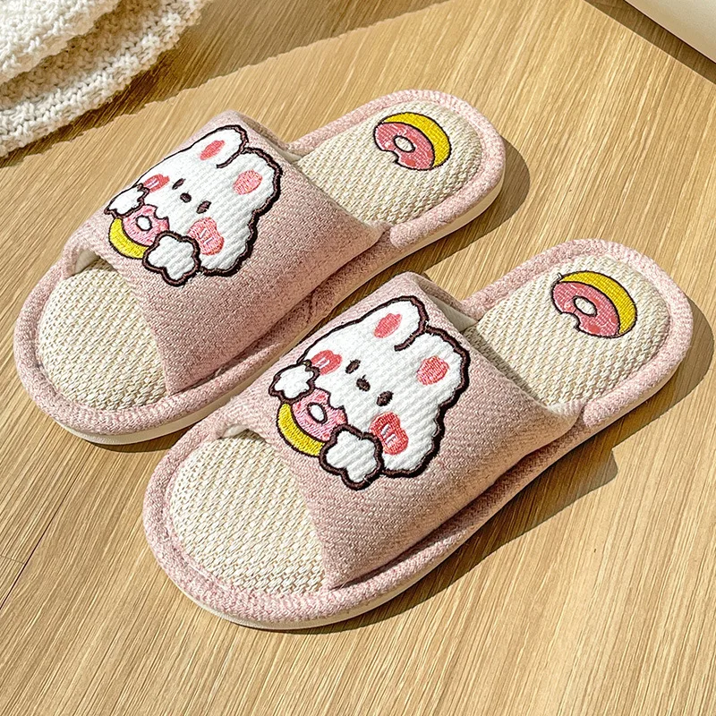 Litfun Summer Lovely Cartoon Slippers For Women Comfort Soft Bottom Open Toe Linen Slippers Ladies Cute Animals Home Flat Slides 6
