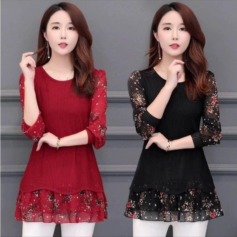 

Women O-neck Patchwork Print Chiffon Shirts Female Large Size Loose Tops Shirt Ladies Elegant Work Wear Streetwear Shirts G174