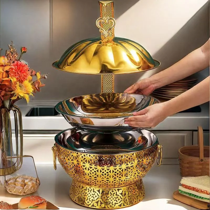 Gold round Stainless Steel Hot Pot Gas Powered Hanging Heater for Buffet Food Be