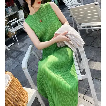 Miyake Pleated Dress Spring Summer Fashion Women Sleeveless Vest Dress High  Elastic Slim Long Vestidos Female Strap Dresses 1