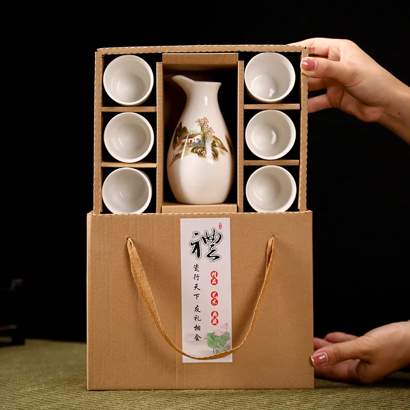 Japanese Sake Wine Warmer 1 Pot 6Cups Ceramic Wineware Cherry Blossom Pattern Sake Pot Yellow Wine Cup Elegant Gift