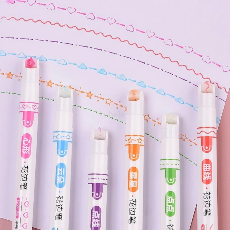 

6pcs Kawaii Roller Wave Line Outline Art Markers Pen Highlighter Pen Set With Stars Fine Tips Curve Line Pens korean stationery