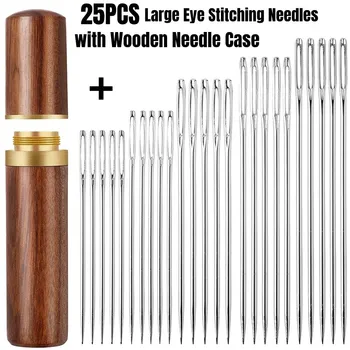25PCS Large Eye Sewing Needles with Wooden Storage Case