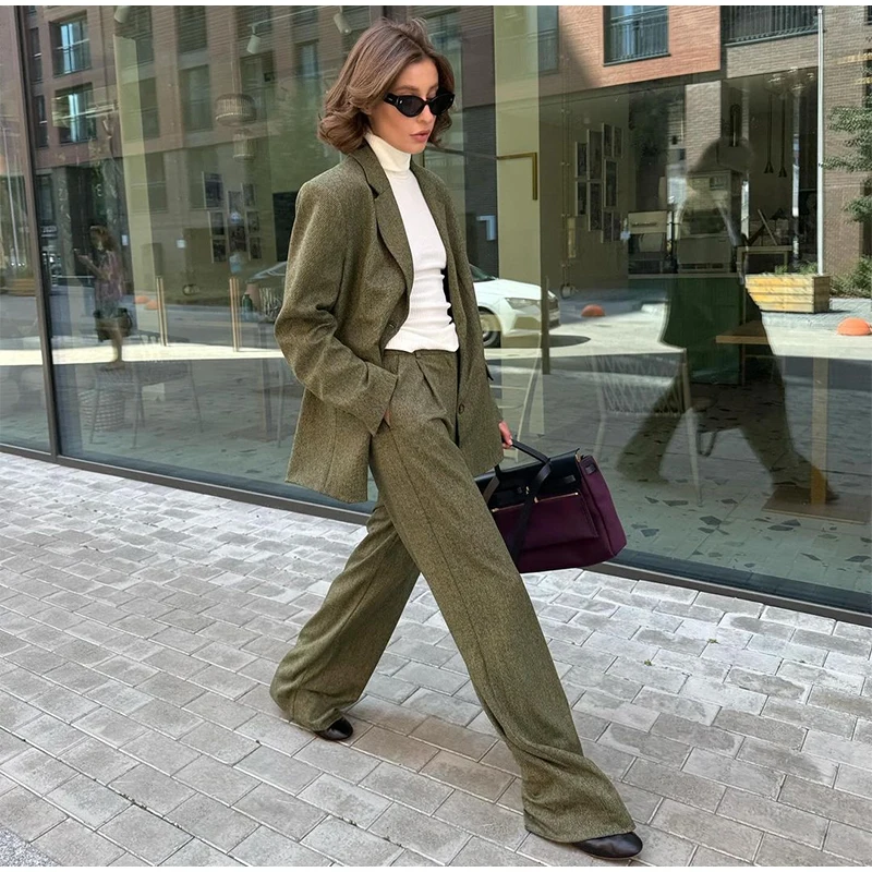 Elegant Coat Pant Sets Woman Fashion Lapel Long Sleeve Single Breasted Blazer Wide Leg Pants 2 Piece Set For Women Loose Outfits