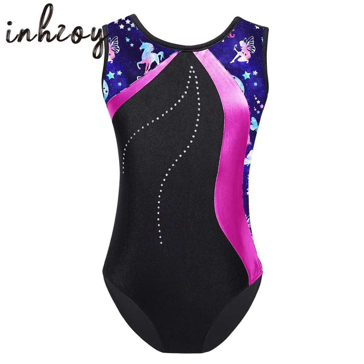 

Rhinestones Skating Dance Wear Kids Girls Sleeveless Colorblock Ballet Dance Leotard Gymnastics Workot Bodysuit Jumpsuit Costume
