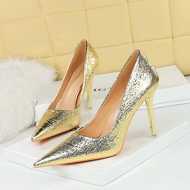 

ZOOKERLIN Pointed Sequin Stiletto Women Shoes Slip On Vintage Banquet Sexy Metal High Heels Women's Pumps Solid Color Blingbling