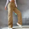 Orange Cargo Trousers Women's High Waist Wide Leg Long Pants Straight Multi Pockets Trousers Female Classic 2024 New Pants 4