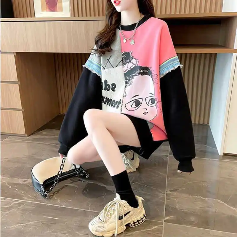 2022 Spring Autumn Sweatshirt Women Cotton Colorblock Lace Trim Cartoon Sweatshirt Panelled Large Size O-neck Top