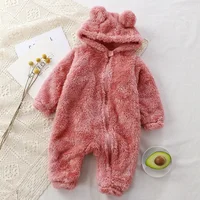 Thick Warm Baby Rompers Cute Winter Infant Jumpsuits Hooded Coral Fleece Bear Shape Newborn Soft Pajamas Overalls Clothing 2