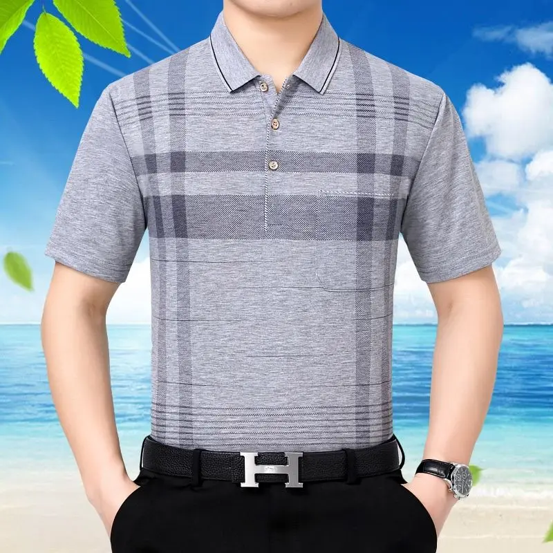 

2023 Summer New Middle-aged Short Sleeve Men's Clothing Loose Lapel Spliced Pocket Fashion Casual Versatile Business Polo Shirt