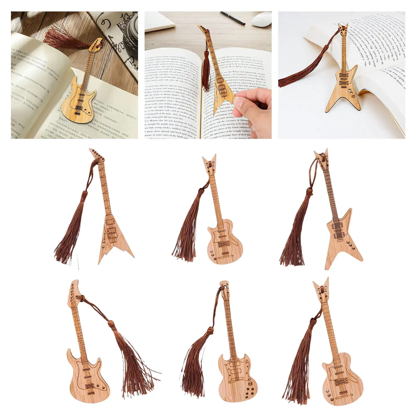 6 Pieces Guitar Bass Bookmarks with Tassels Clip Wood Bookmark for Readers