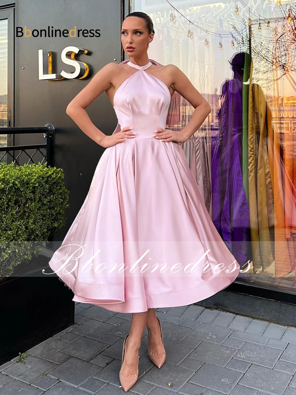 Bow Tie Halter Prom Dress Tea Length Backless Evening Party Gown A Line Formal