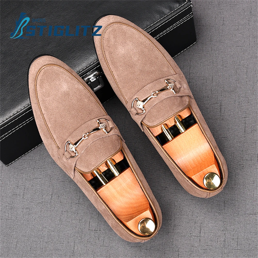 

Solid Suede Horsebit Mules Round Toe Shallow Loafers Concise Flat Casual Shoes for Men Slip On Inner Heightening Dress Shoes New