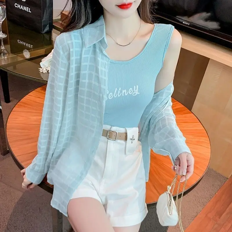 2024 Spring and Summer New Fashion Versatile Splicing Buttons Plaid Printed Oversize Commuting POLO Collar Long Sleeved Shirt