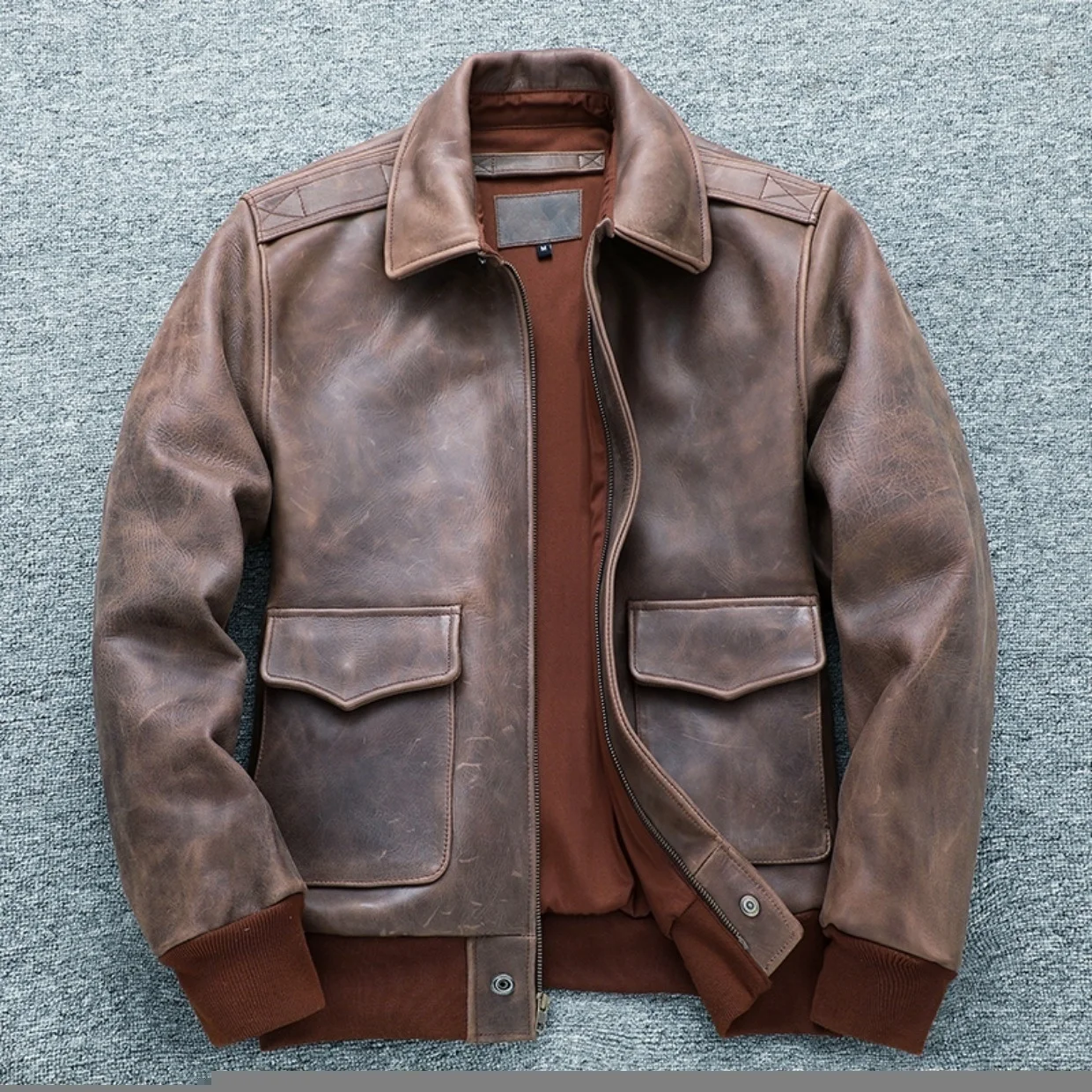 Description Picture 3 of itemBrown Autumn Men's Vintage A2 Jacket Plus Size 4XL Military Style Natural Thick Cowhide Aviation Genuine Leather Coats