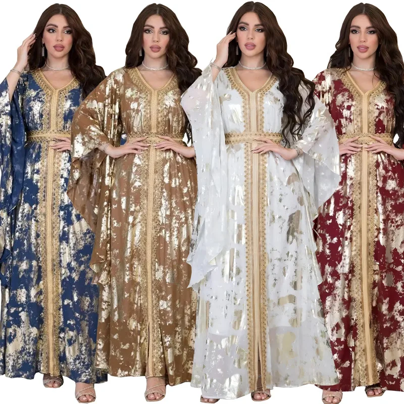 

Модное мусульманское шифоновое платье с золотым тиснением Abaya для женщин, кружевная лента с V-образным вырезом и оборками на рукавах, марокканская джалабия ИД