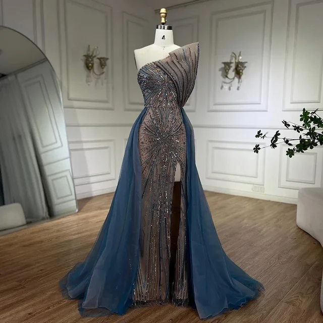うめページ Serene Hill Blue High Slit Overskirt Mermaid Luxury Beaded