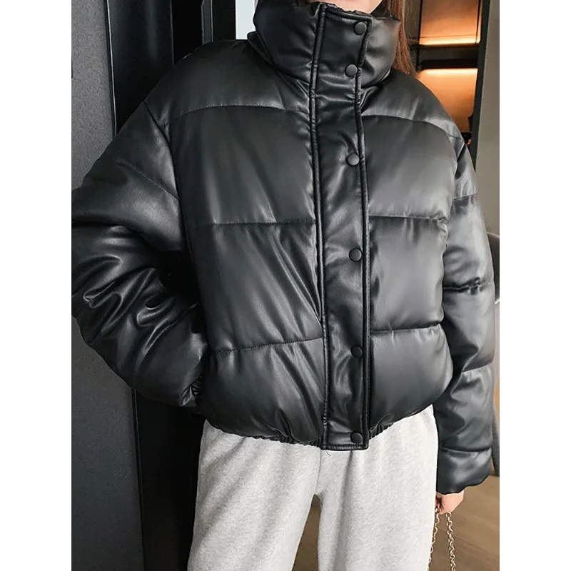 2003 Fashion Black Cotton Padded Lady Down Jacket Winter Warm Thick PU Leather Coats Women Short Parkas Elegant Zipper Clothes