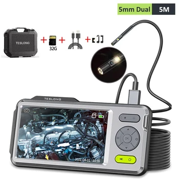 Endoscopio Industriale Teslong con Schermo IPS da 5' 1080P, Doppia Lente da 5mm, Cavo Flessibile da 5m per Casa/Automotive/Tubi/Auto/Muro, 32GB