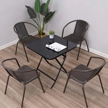 Tavoli e sedie da esterno cortile pieghevole combinazione di vetro tavolo da esterno per il tempo libero negozio di tè al latte protezione solare impermeabile 1